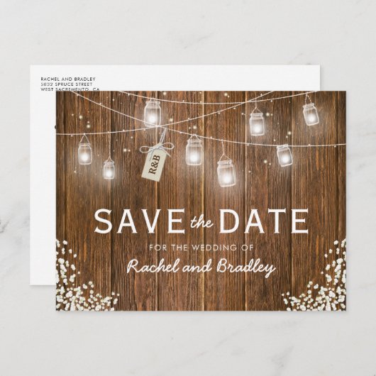 Mason Jar Lights Rustic Babys Breath Save the Date Aankondigingskaart (Voorkant / Achterkant)