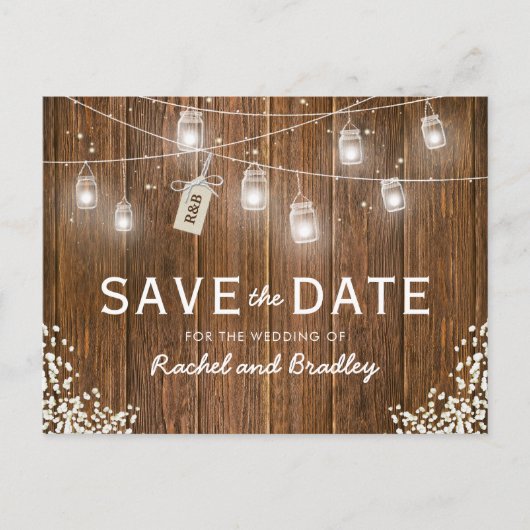 Mason Jar Lights Rustic Babys Breath Save the Date Aankondigingskaart (Voorkant)