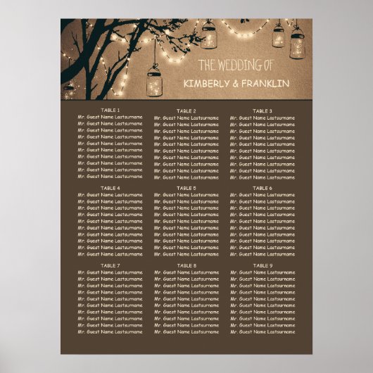 Mason Jar Lights Rustic Wedding Seating Chart Poster (Voorkant)