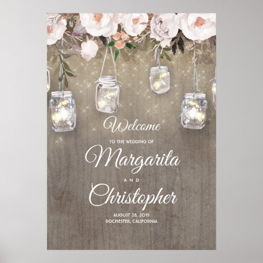 Mason Jar Lights Rustic Wedding Welcome Sign Poster (Voorkant)