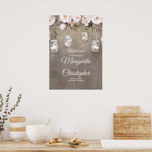 Mason Jar Lights Rustic Wedding Welcome Sign Poster (Keuken)