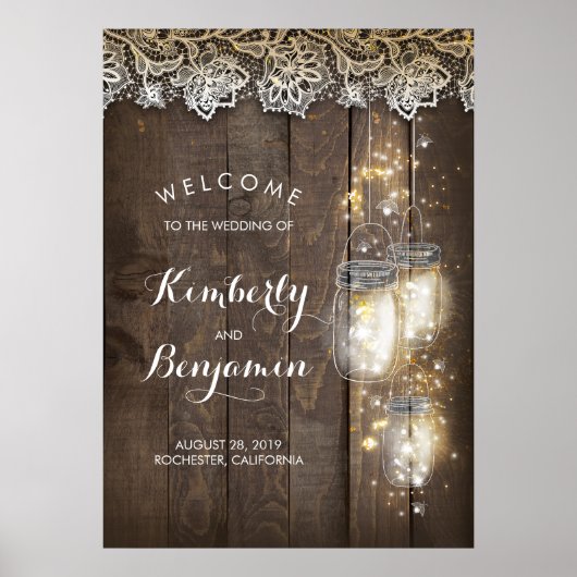 Mason Jar Lights Rustic Wedding Welcome Sign Poster (Voorkant)