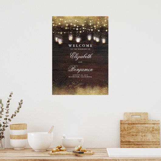 Mason Jar Lights Rustic Wedding Welcome Sign Poster (Keuken)