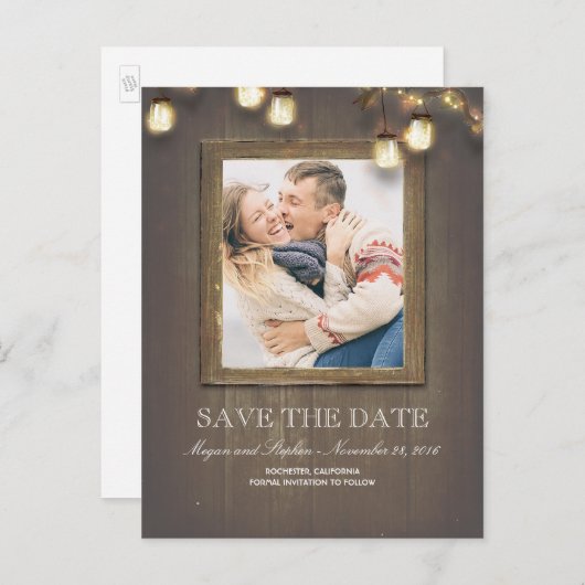 Mason Jar Lights Rustic Wood Foto Bewaar de datum Aankondigingskaart (Voorkant / Achterkant)