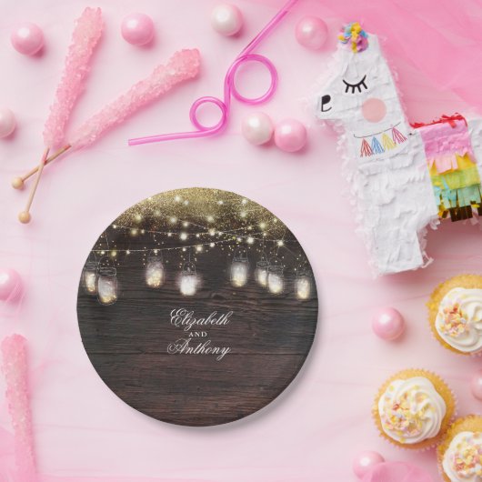 Mason Jar Lights Rustieke Bruiloft Papieren Bordje (Feest)