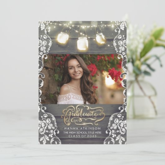 Mason Jar Lights Rustieke Foto Afstudeerfeest Kaart (Staand voorkant)