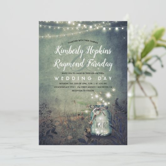 Mason Jar Lights | Rustieke tuin | Avondbruiloft Kaart (Staand voorkant)