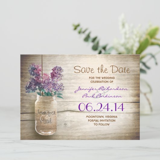 Mason Jar & Lilas Sla de datum op Save The Date (Staand voorkant)