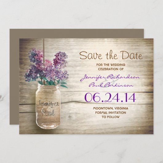 Mason Jar & Lilas Sla de datum op Save The Date (Voorkant / Achterkant)