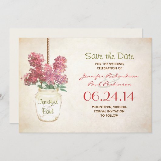Mason Jar & Lilas Sla de datum op Save The Date (Voorkant / Achterkant)