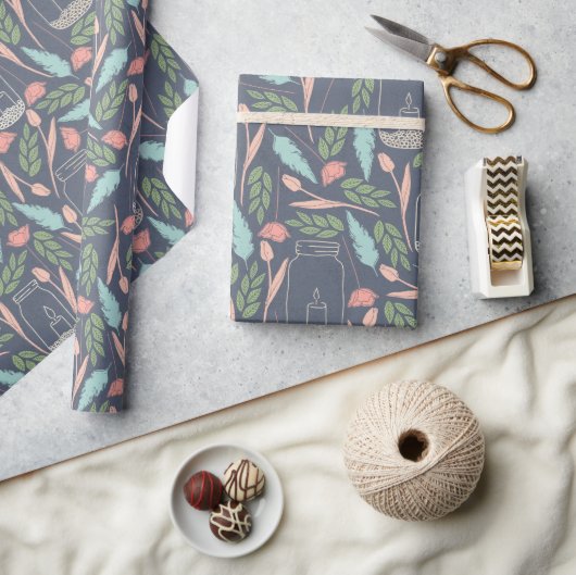 Mason Jar Marine Roze Groen Bloemmotief Cadeaupapier (Crafts)