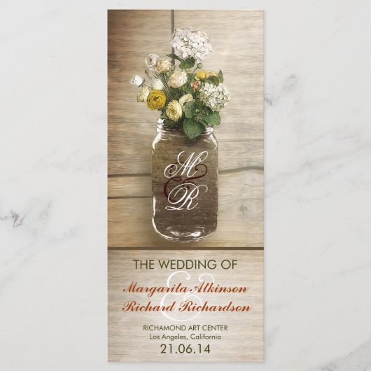 Mason Jar met bloemen rustieke bruiloft programma' Programmakaart (Voorkant)