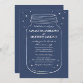 Mason Jar met Fireflies Wedding Invitation Navy Kaart (Voorkant / Achterkant)