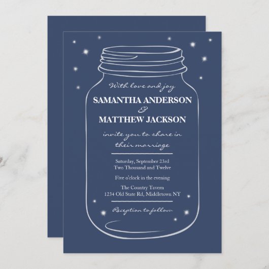Mason Jar met Fireflies Wedding Invitation Navy Kaart (Voorkant / Achterkant)