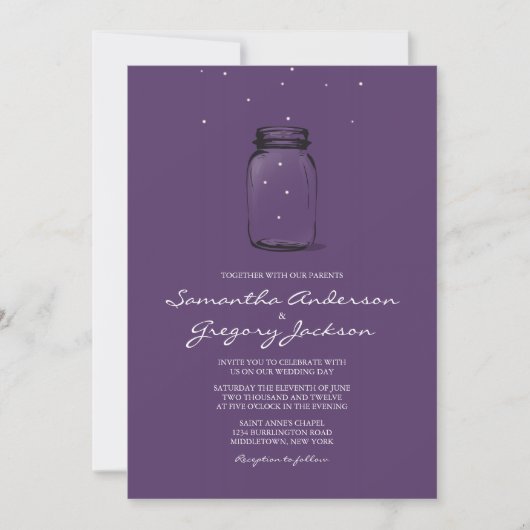 Mason Jar met Fireflies Wedding Paars Kaart (Voorkant)