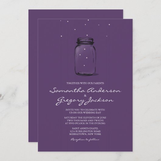 Mason Jar met Fireflies Wedding Paars Kaart (Voorkant / Achterkant)