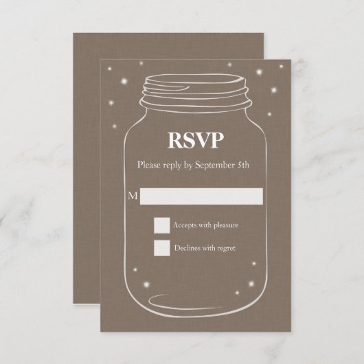 Mason Jar met Fireflies Wedding RSVP Linen (Voorkant / Achterkant)