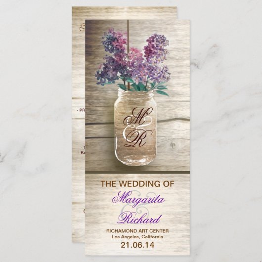 Mason Jar met Lilas Rustieke bruiloft programma's (Voorkant / Achterkant)