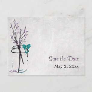 Mason Jar met Paarse takken - Save the Date Aankondigingskaart