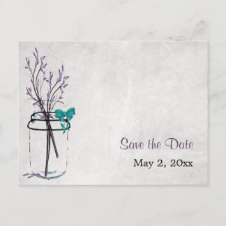 Mason Jar met Paarse takken - Save the Date Aankondigingskaart