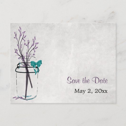 Mason Jar met Paarse takken - Save the Date Aankondigingskaart (Voorkant)