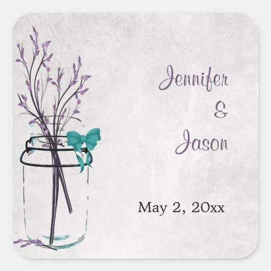 Mason Jar met Paarse takken - Save the Date Vierkante Sticker (Voorkant)