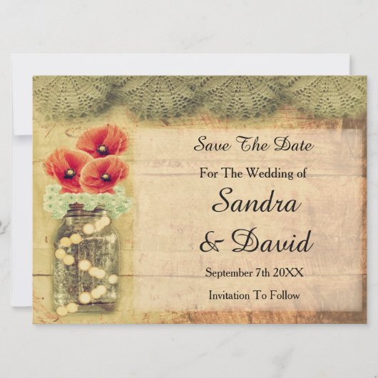  Mason Jar met papavers sparen de datum Save The Date (Voorkant)