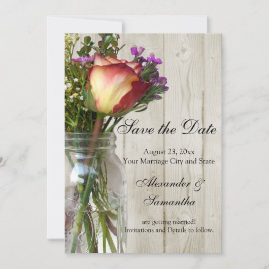 Mason Jar met Roos/Wilde Bloemen Bewaar de Datum Save The Date (Voorkant)