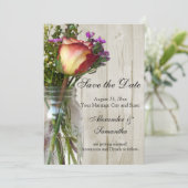 Mason Jar met Roos/Wilde Bloemen Bewaar de Datum Save The Date (Staand voorkant)