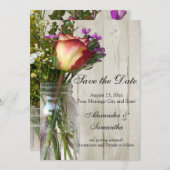 Mason Jar met Roos/Wilde Bloemen Save the Date (Voorkant / Achterkant)