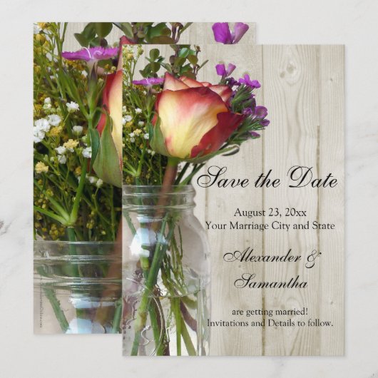 Mason Jar met Roos/Wilde Bloemen Save the Date (Voorkant / Achterkant)