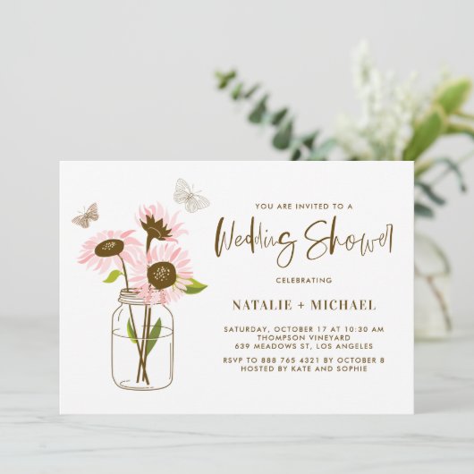 Mason Jar met Roze Zonnebloemen Bruiloft Douche Kaart (Staand voorkant)