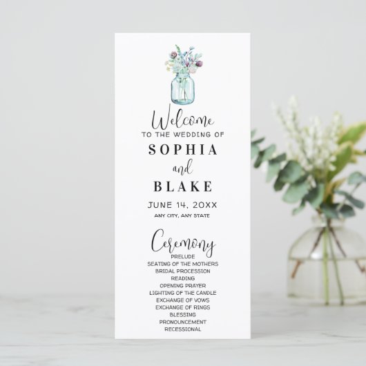Mason Jar met Wildbloemen White Wedding Program (Staand voorkant)