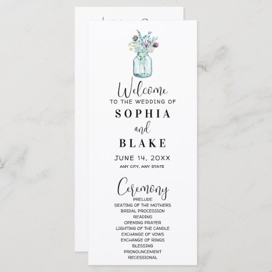 Mason Jar met Wildbloemen White Wedding Program (Voorkant / Achterkant)