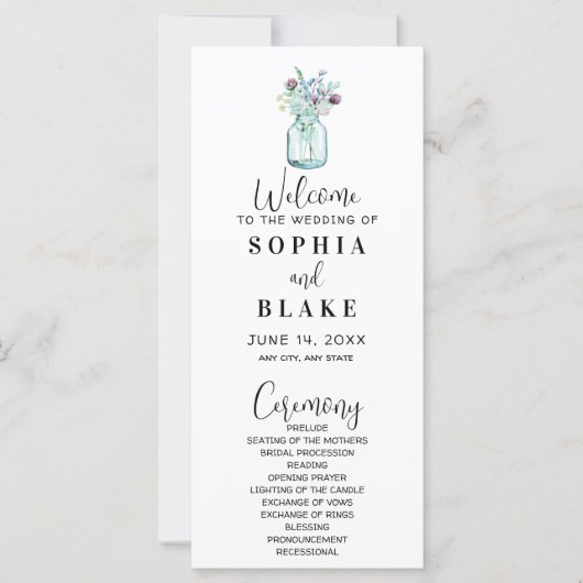 Mason Jar met Wildbloemen White Wedding Program (Voorkant)