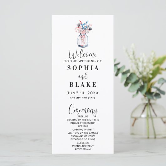 Mason Jar met Wildbloemen White Wedding Program (Staand voorkant)
