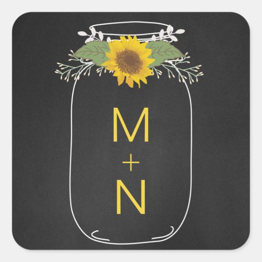 Mason Jar met zonnebloemen monogram bruiloft gunst Vierkante Sticker (Voorkant)