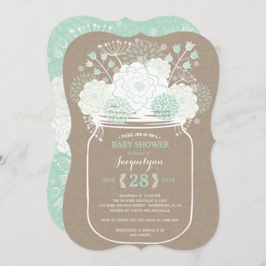 Mason Jar Mint Blooms Kraft Baby shower nodigt uit Kaart (Voorkant / Achterkant)