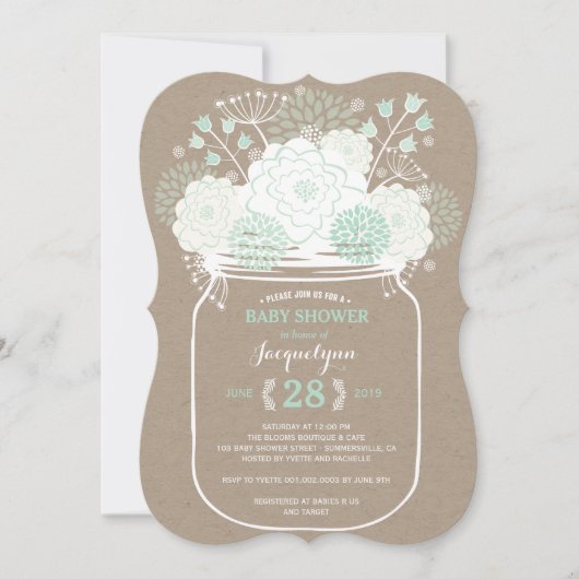 Mason Jar Mint Blooms Kraft Baby shower nodigt uit Kaart (Voorkant)
