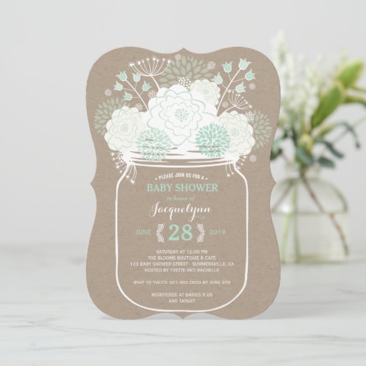 Mason Jar Mint Blooms Kraft Baby shower nodigt uit Kaart (Staand voorkant)