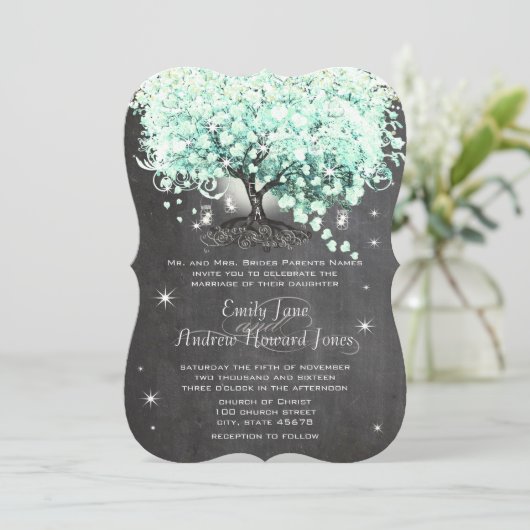 Mason Jar Mint Chalkboard Heart Leaf Tree Invitati Kaart (Staand voorkant)