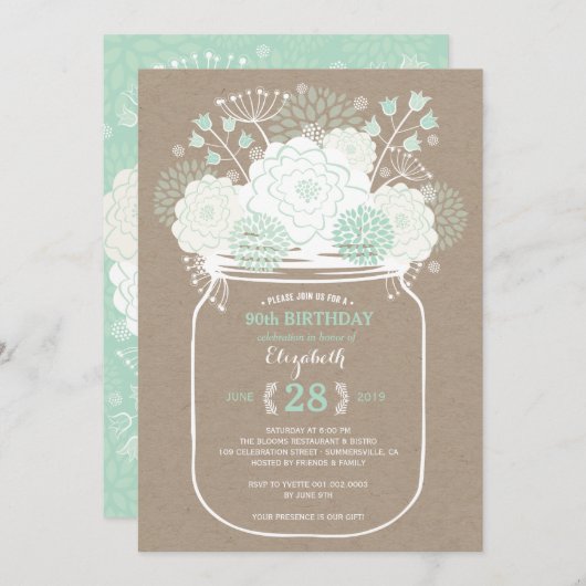 Mason Jar Mint Floral Blooms Birthday Party Invite Kaart (Voorkant / Achterkant)