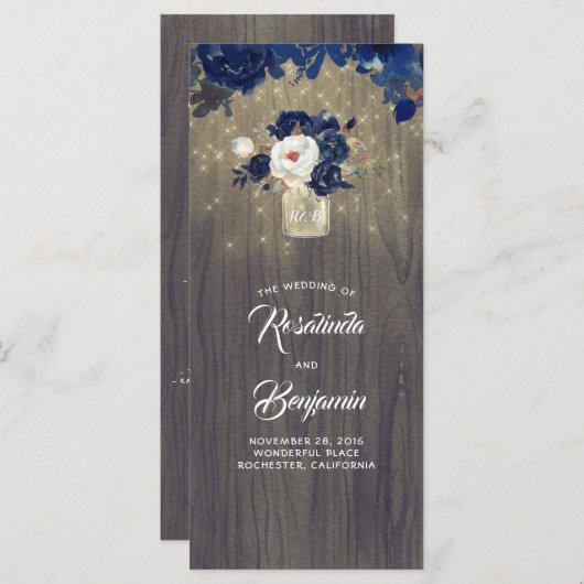 Mason Jar Navy Bloemen Rustieke Trouwprogramma's Programmakaart (Voorkant / Achterkant)