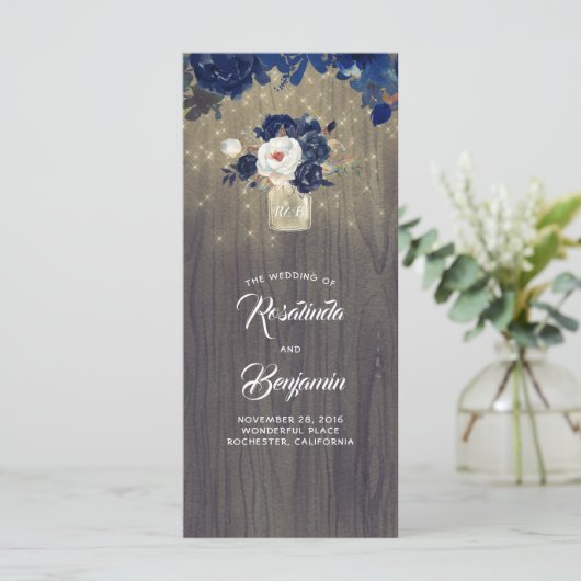 Mason Jar Navy Bloemen Rustieke Trouwprogramma's Programmakaart (Staand voorkant)