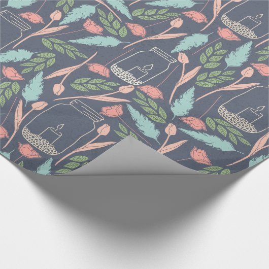Mason Jar Navy Pink Green Floral Pattern Cadeaupapier (Hoek)