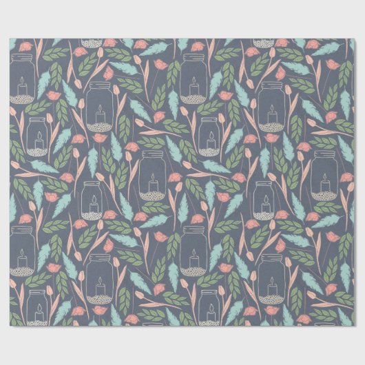 Mason Jar Navy Pink Green Floral Pattern Cadeaupapier (Vlak)