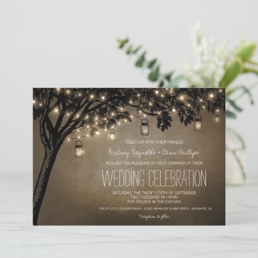 Mason Jar Oak Tree bruiloft uitnodigingen (Staand voorkant)