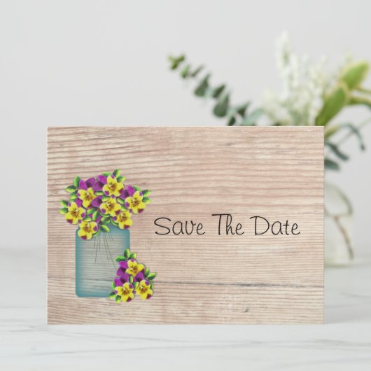 Mason Jar of Pansies bewaren de datum Save The Date (Staand voorkant)