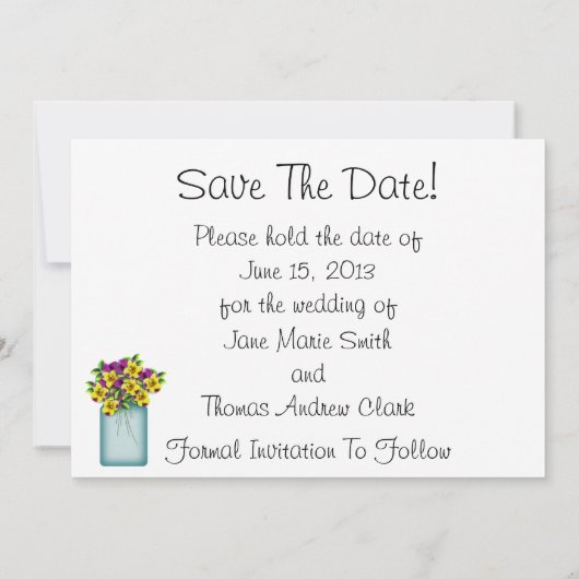 Mason Jar of Pansies bewaren de datum Save The Date (Achterkant)
