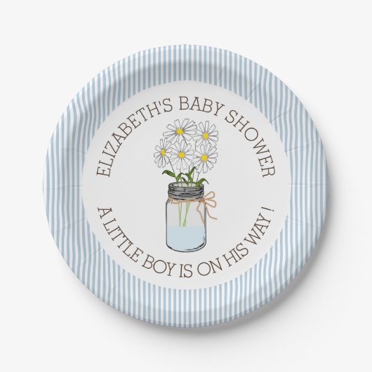 Mason Jar on Blue Stripes Baby shower Papieren Bordje (Voorkant)